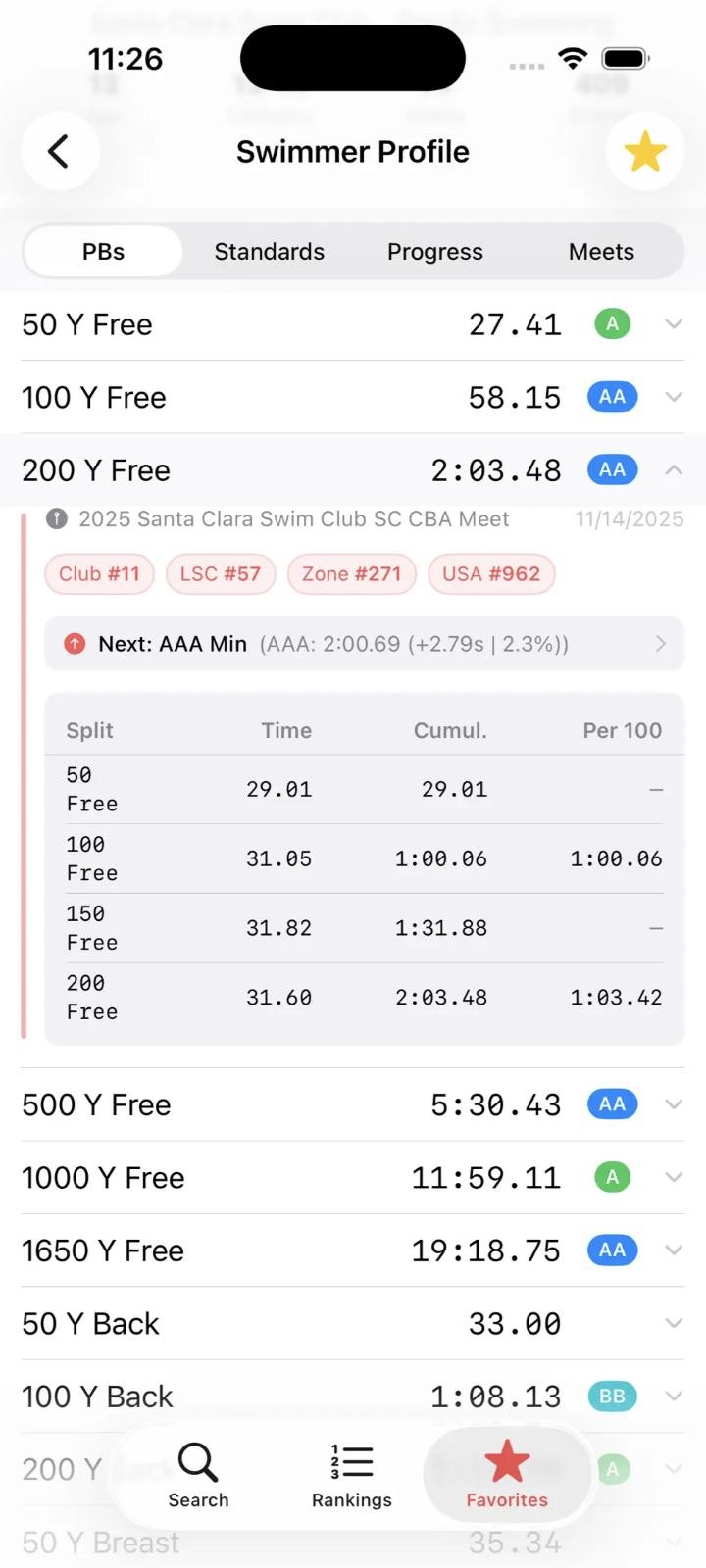 ScoreMeUp app: personal bests with time standards, rankings and splits